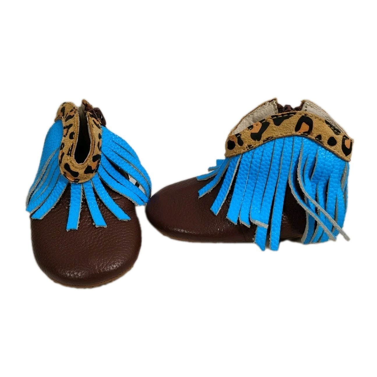 Little Toe Co. Girls 6-12m Leopard Print Blue Fringe Brown Infant Shoes Boots